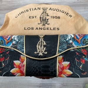 Pre-Loved Christian Audigier Satin Print & Faux Snakeskin Leather Clutch
